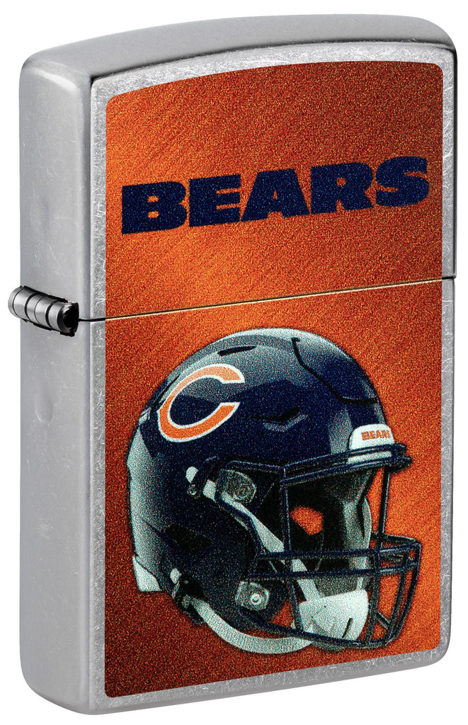 Front shot of NFL Chicago Bears Helmet Street Chrome Windproof Lighter standing at a 3/4 angle.