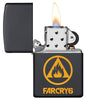 Far Cry® 6 Logo Black Matte Windproof Lighter with its lid open and lit.