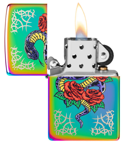Rose Snake Tattoo Design Multi Color Windproof Lighter with its lid open and lit.