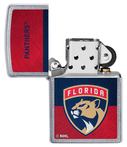 NHL® Florida Panthers Street Chrome™ Windproof Lighter with its lid open and unlit