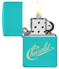 Chevy Script Logo Flat Turquoise Windproof Lighter with its lid open and lit.