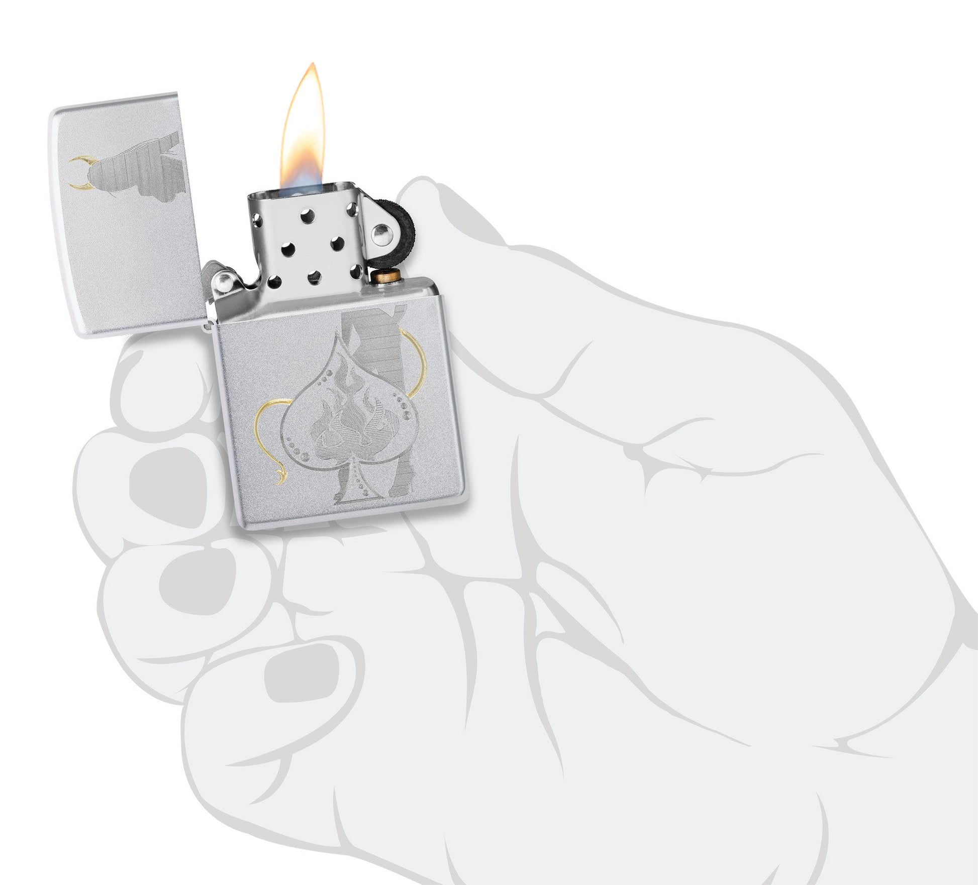 Zippo Devilish Ace Design Satin Chrome Windproof Lighter lit in hand.