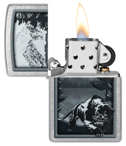 Mountain Lion Design Street Chrome Windproof Lighter with its lid open and lit.