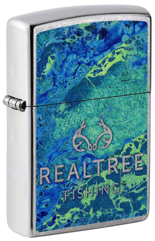Front shot of RealtreeÂ® Blue and Green Camo Street Chromeâ„¢ Windproof Lighter standing at a 3/4 angle.