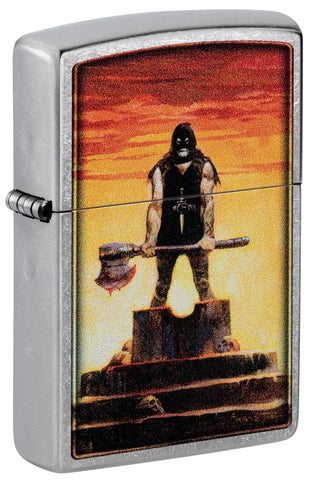 Front shot of Zippo Frank Frazetta Executioner Street Chrome Executioner standing at a 3/4 angle.
