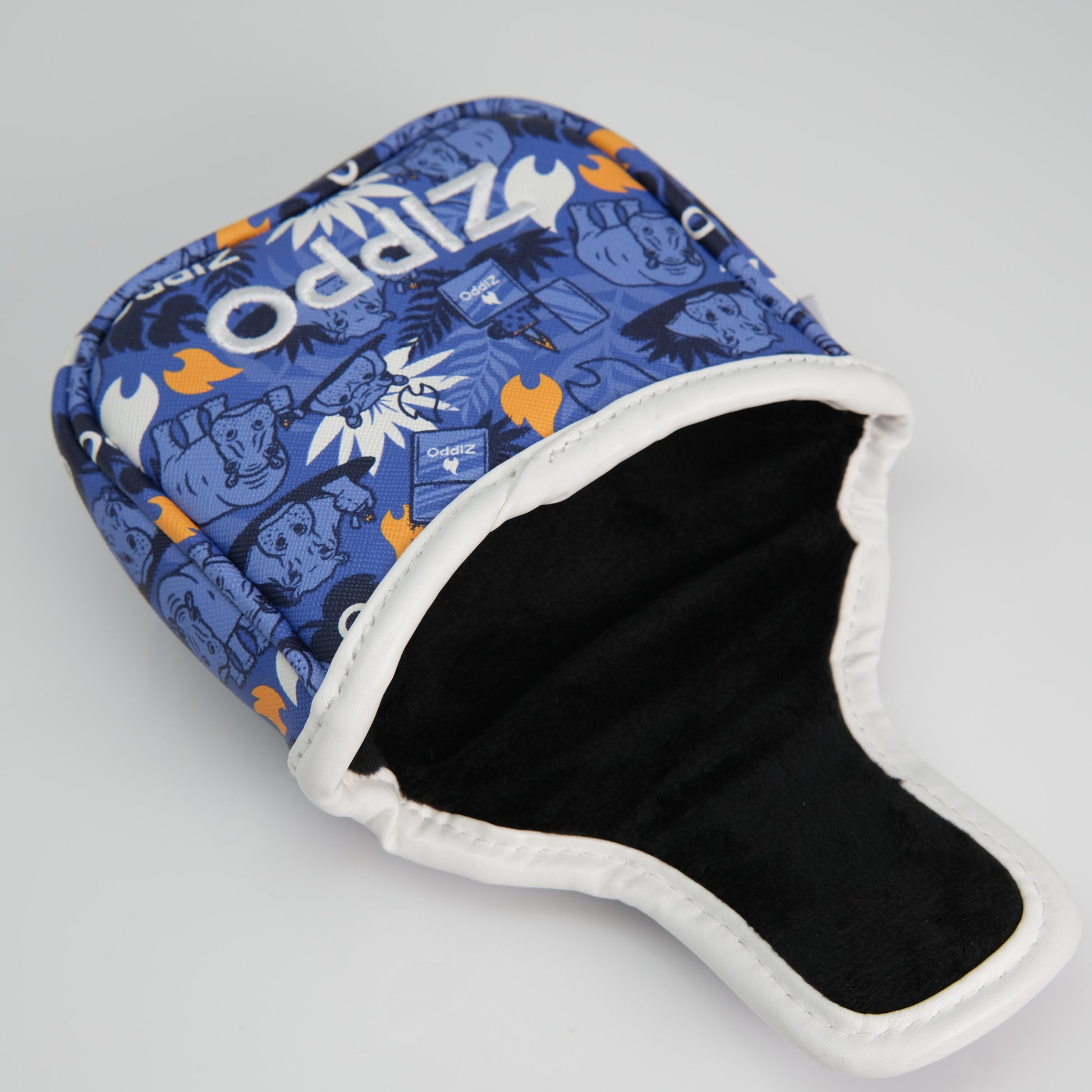 Zippo x Pins & Aces Putter Cover - Mallet Cover, with the flap open.