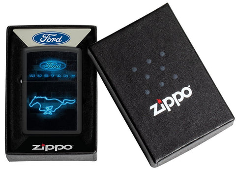 Ford Mustang Neon Logo Black Matte Windproof Lighter in its packaging.