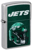 Front shot of NFL New York Jets Helmet Street Chrome Windproof Lighter standing at a 3/4 angle.