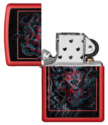 Medusa Design Red Matte Windproof Lighter with its lid open and unlit