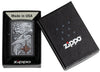 Zippo Ship Shark Emblem Design Black Matte Windproof Lighter in its packaging.
