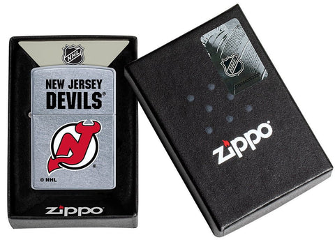 NHL New Jersey Devils Street Chrome™ Windproof Lighter with its lid open and unlit
