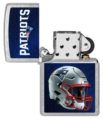 NFL New England Patriots Helmet Street Chrome Windproof Lighter with its lid open and unlit.