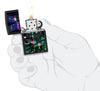 Zippo Zippo Cyber City Design Black Matte Windproof Lighter  Lighter lit in hand.