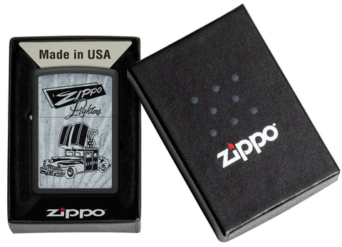 Zippo Car Design Black Matte Windproof Lighter in its packaging.