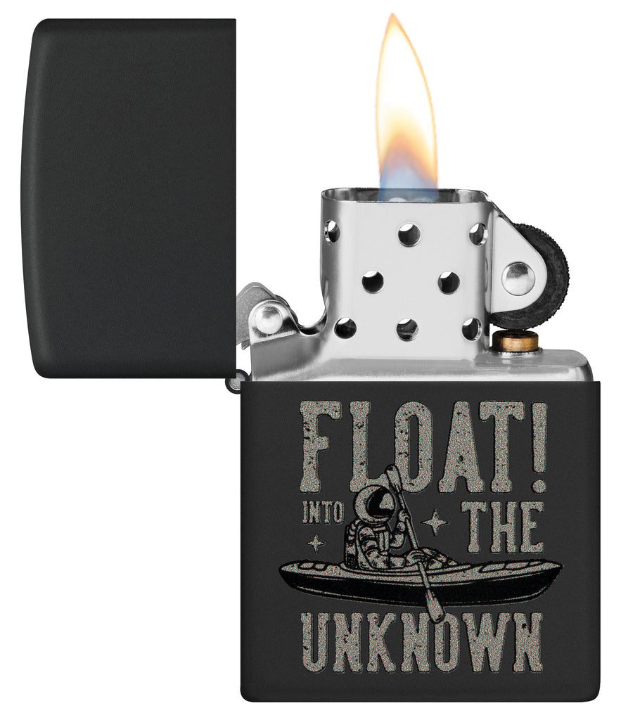 Zippo Float into the Unknown Design Black Matte Windproof Lighter with its lid open and lit.