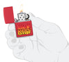 Zippo KISS Design Red Matte Windproof Lighter lit in hand.