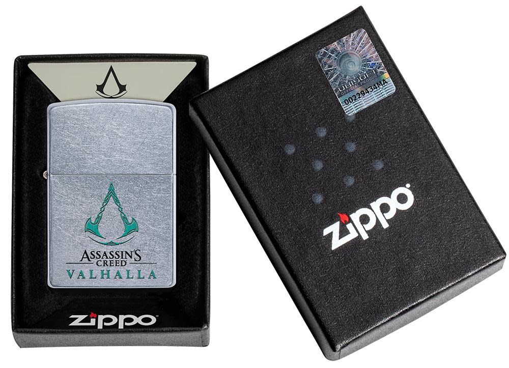 Assassin's Creed Valhalla pocket lighter closed showing the front of the lighter in the one box packaging