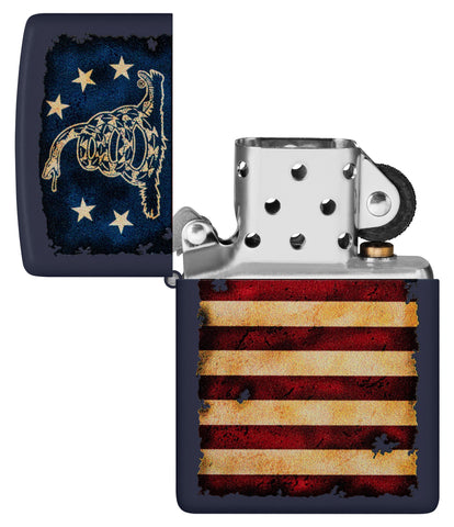 Zippo Don't Tread On Me US Flag Navy Matte Windproof Lighter with its lid open and unlit.