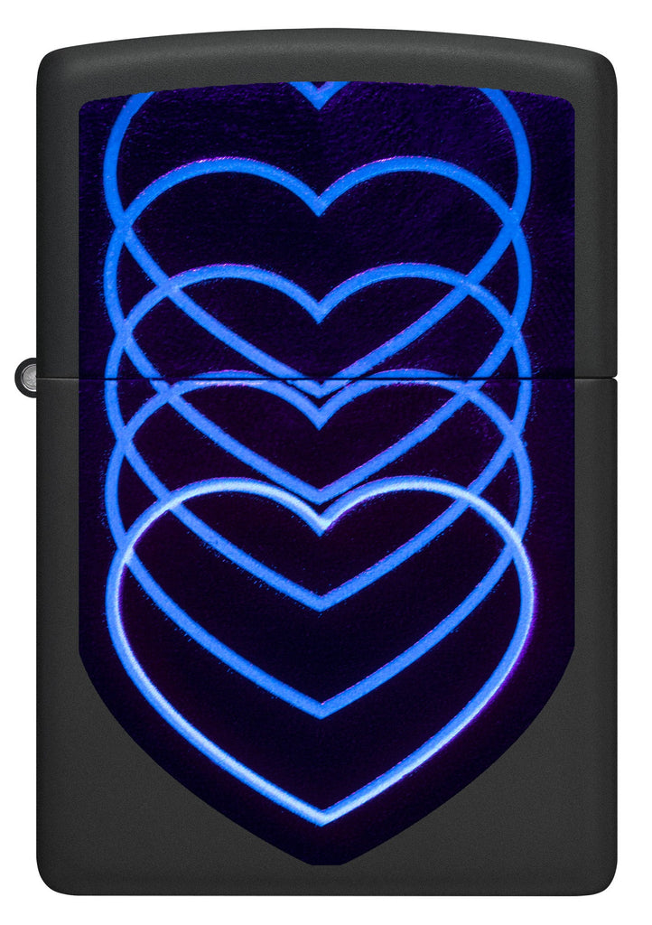 Front view of Zippo Black Light Hearts Design Black Matte Pocklet Lighter glowing with a black light.