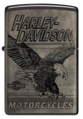 Front shot of Harley-Davidson Eagle Photo Image 360° High Polish Black Windproof Lighter.