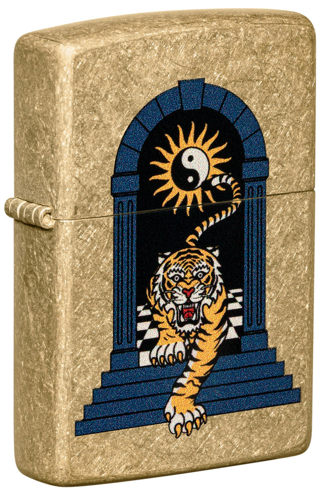 Front shot of Zippo Tiger Tattoo Design Tumbled Brass Windproof Lighter standing at a 3/4 angle.