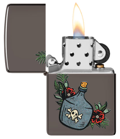Moonshine Jug Design Black Ice Windproof Lighter with its lid open and lit.
