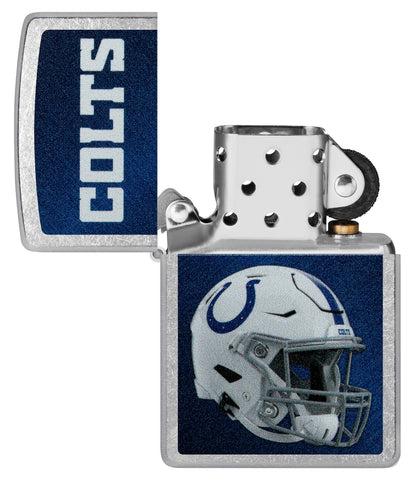 NFL Indianapolis Colts Helmet Street Chrome Windproof Lighter with its lid open and unlit.