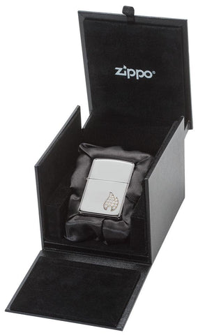 Armor® Sterling Silver Flame Emblem Windproof Lighter in its luxury cube packaging.