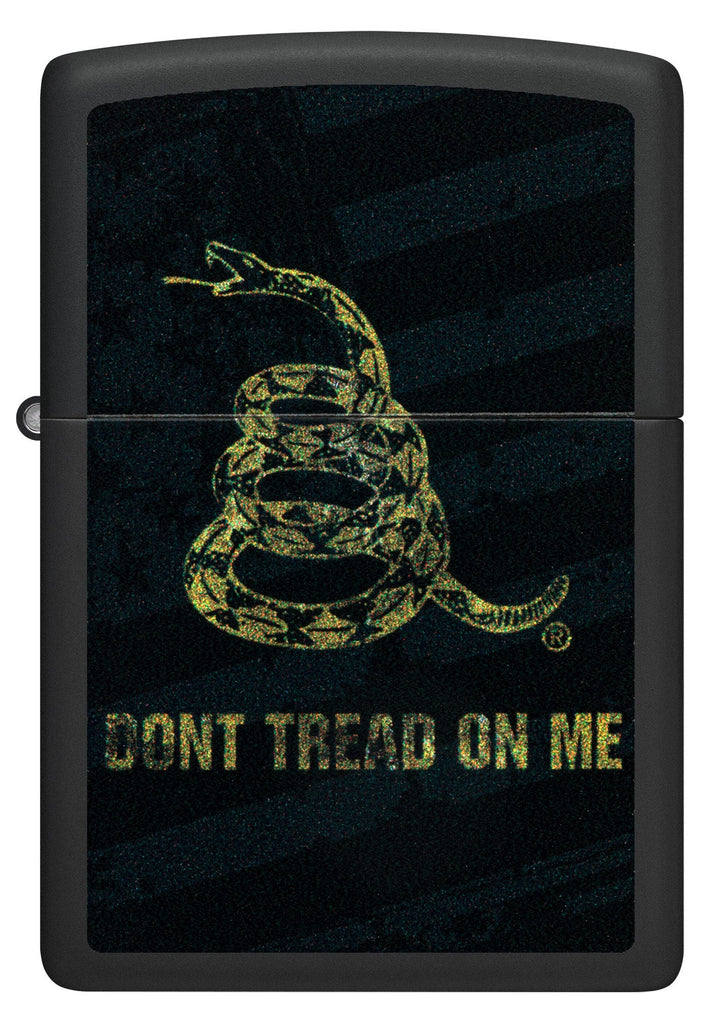 Front view of Zippo Don't Tread On Me Snake and Flag Black Matte Windproof Lighter.