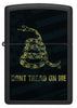 Front view of Zippo Don't Tread On Me Snake and Flag Black Matte Windproof Lighter.
