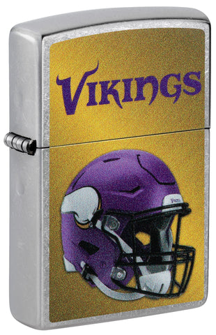 Front shot of NFL Minnesota Vikings Helmet Street Chrome Windproof Lighter standing at a 3/4 angle.