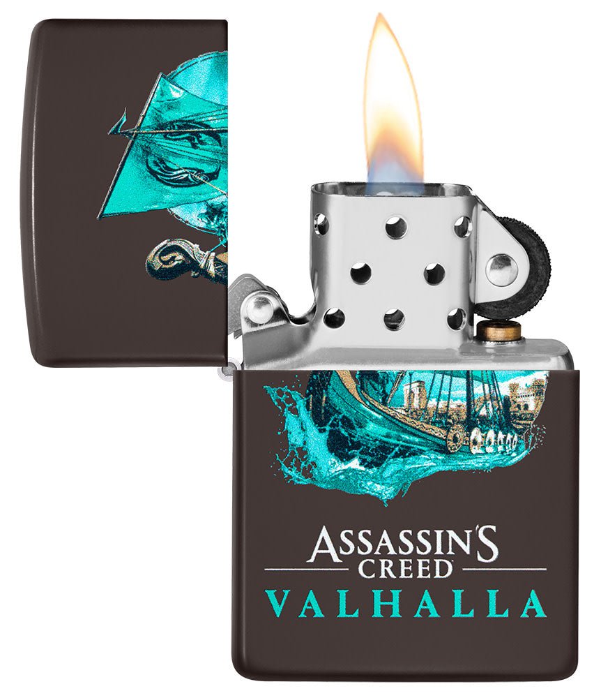 Assassin's Creed® Valhalla Brown Windproof Lighter with its lid open and lit.
