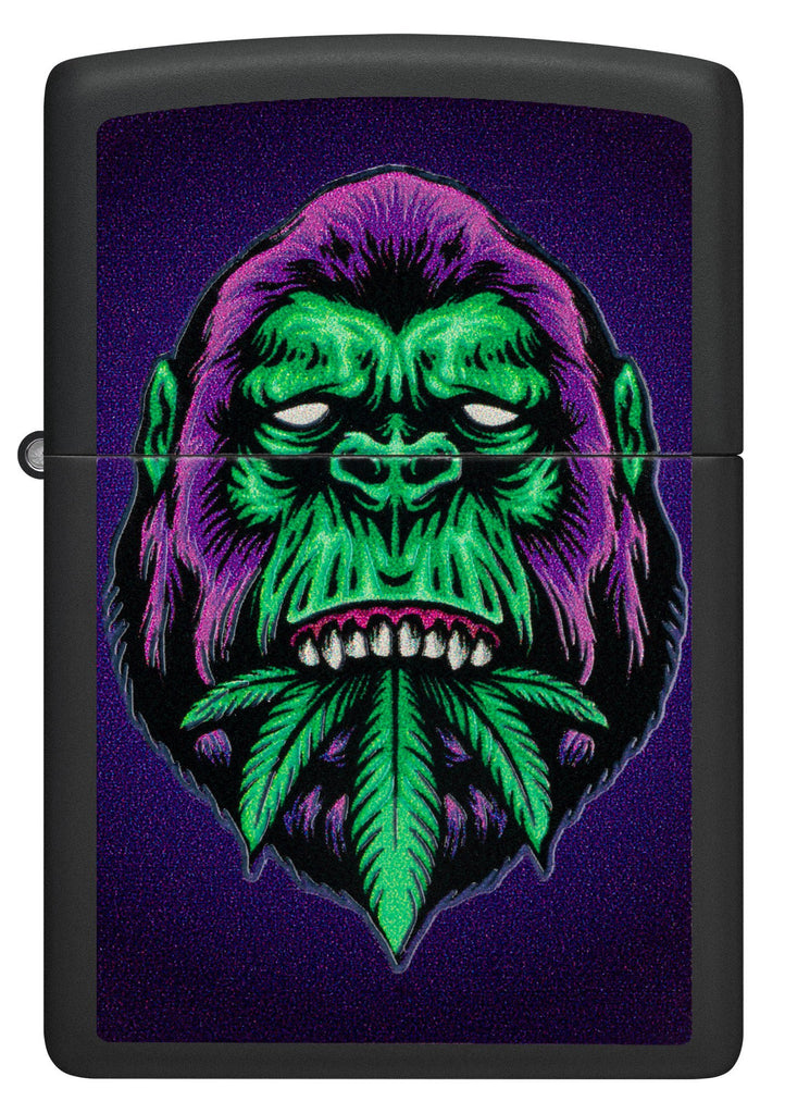 Front view of Zippo Black Light Cannabis Gorilla Design Black Matte Windproof Lighter .
