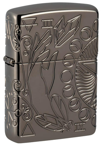 Front shot of Wicca Design Armor® Black Ice® Windproof Lighter standing at a 3/4 angle.