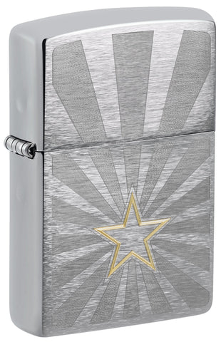 Front shot of Zippo Star Design Brushed Chrome Windproof Lighter standing at a 3/4 angle.