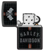 Zippo Harley-Davidson Checkered Flags Design Black Crackle Windproof Lighter with its lid open and unlit.