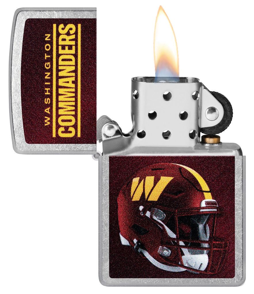NFL Washington Commanders Helmet Street Chrome Windproof Lighter with its lid open and lit.