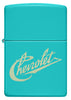 Front shot of Chevy Script Logo Flat Turquoise Windproof Lighter.