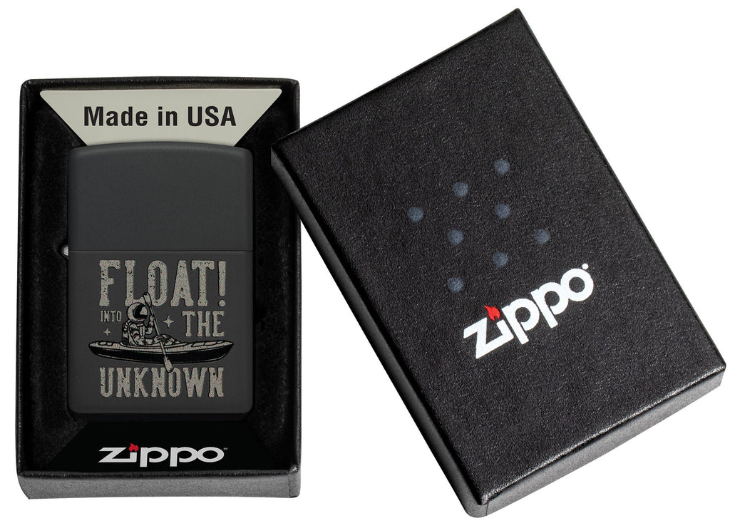Zippo Float into the Unknown Design Black Matte Windproof Lighter in its packaging.