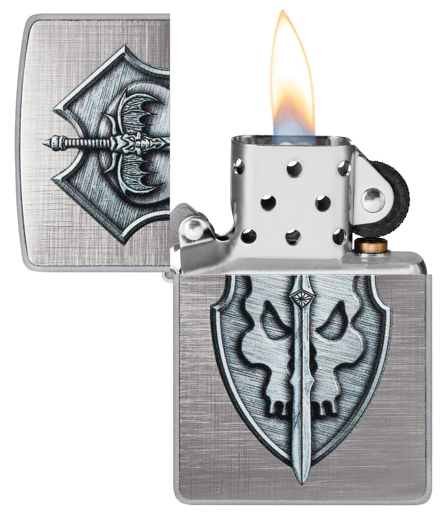 Medieval Skull Crest Linen Weave Windproof Lighter with its lid open and lit.
