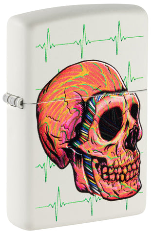 Front shot of Zippo Cyber Skull Design White Matte Windproof Lighter standing at a 3/4 angle.