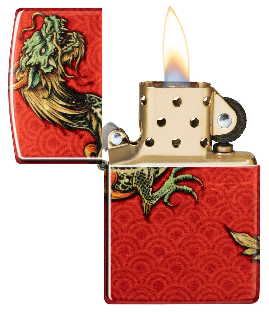 Zippo Dragon Design 540 Fusion Windproof Lighter with its lid open and lit.