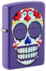 Front shot of Sugar Skull Design Purple Matte Windproof Lighter standing at a 3/4 angle.