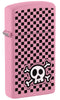 Front shot of Zippo Checkered Skull Design Slim Pink Matte Windproof Lighter standing at a 3/4 angle.