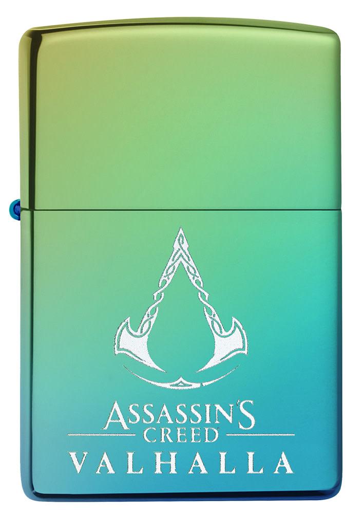 Front view of Assassin's Creed® Valhalla Logo High Polish Teal Windproof Lighter.