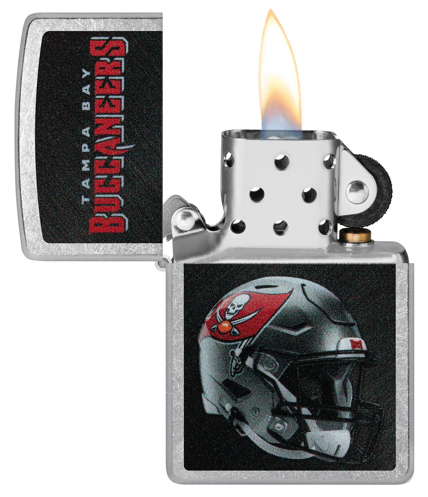 NFL Tampa Bay Buccaneers Helmet Street Chrome Windproof Lighter with its lid open and lit.
