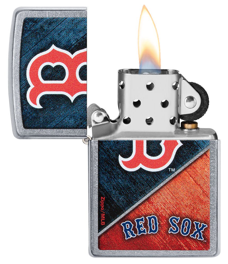 MLB™ Boston Red Sox™ Street Chrome™ Windproof Lighter with its lid open and lit.