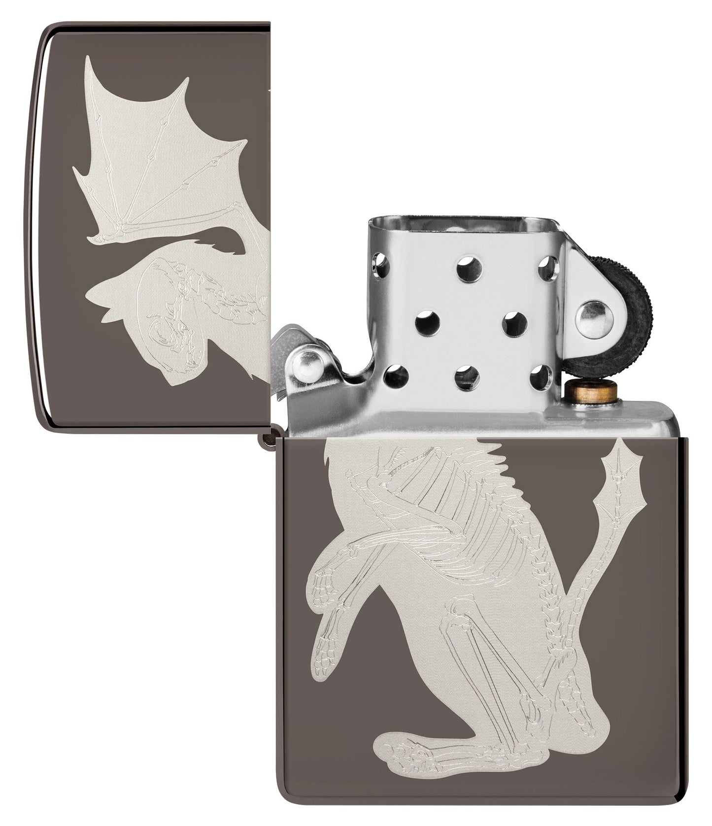 Dragon Cat Design Black IceÂ® Windproof Lighter with its lid open and unlit.