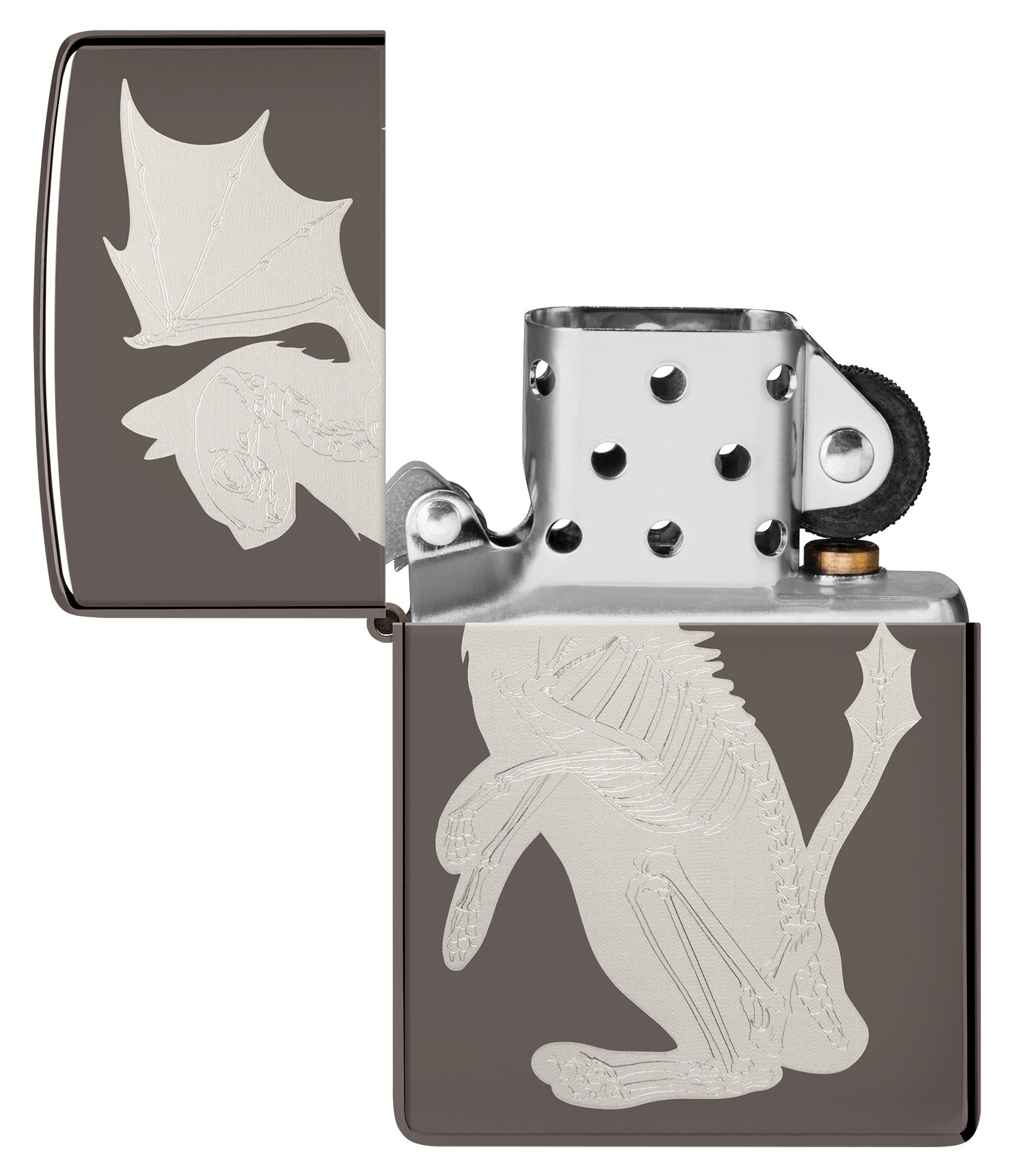 Dragon Cat Design Black IceÂ® Windproof Lighter with its lid open and unlit.