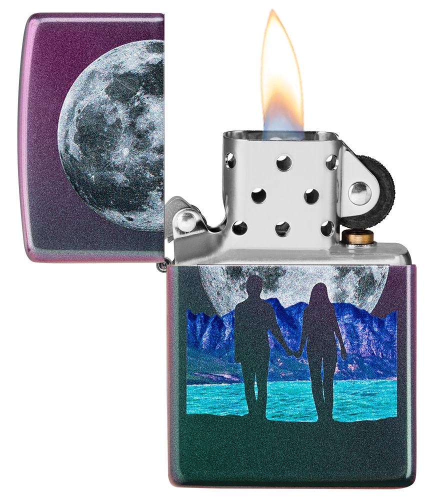 Moon Couple Design Iridescent Windproof Lighter with its lid open and lit
